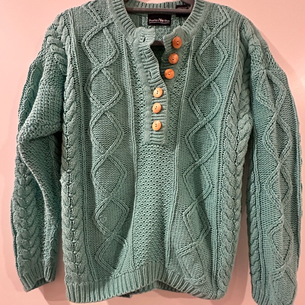 Vintage Cable Knit Sweater in Teal by Northern Reflections - Cotton/Ramie